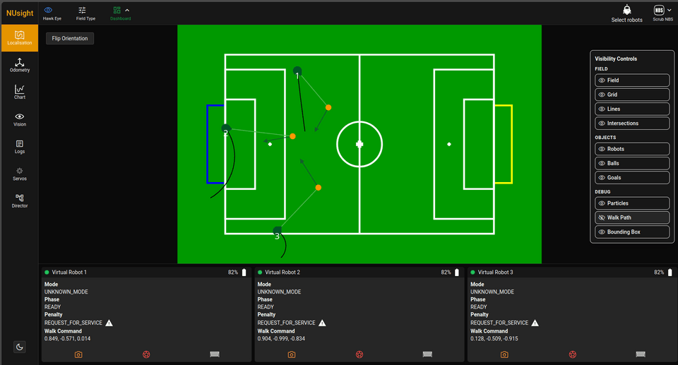 Dashboard. Shows a bird’s-eye view of the field with symbols representing robots, balls, walk paths, and kick paths.