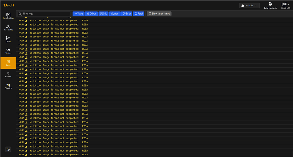 Logs tab. Displays a list of system log messages with severity filters such as Trace, Debug, Info, Warn, Error, and Fatal.