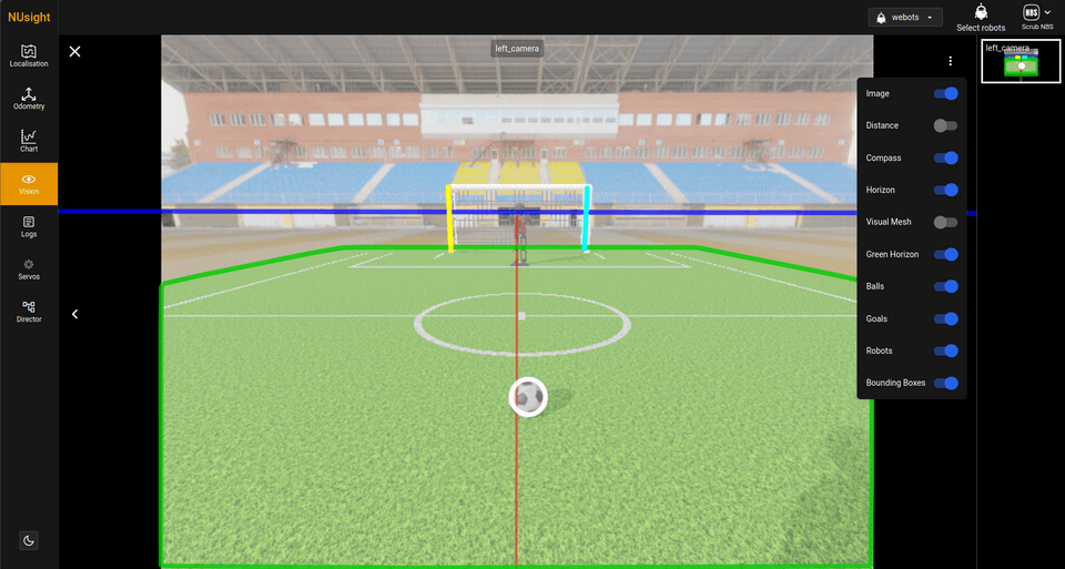 Vision tab. Shows a camera image with visual overlays such as field lines, horizon indicators, and detected objects.