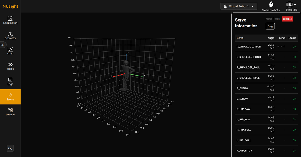 Servos tab. Displays a 3D robot model and a panel listing joint angles, temperatures, and status values.
