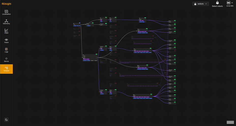 Director tab. Displays a node-based graph representing high-level robot behaviour structure and state relationships.